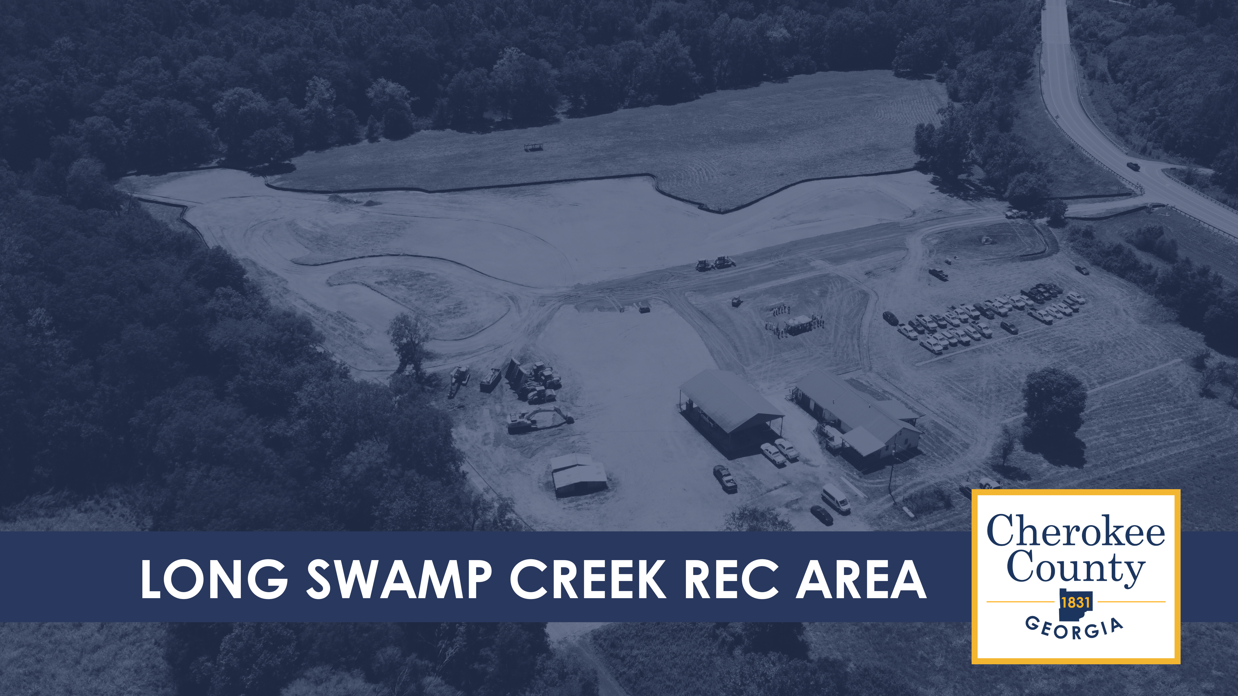 Arial image of long swamp creek with blue overlay that reads Long Swamp Creek Rec Area